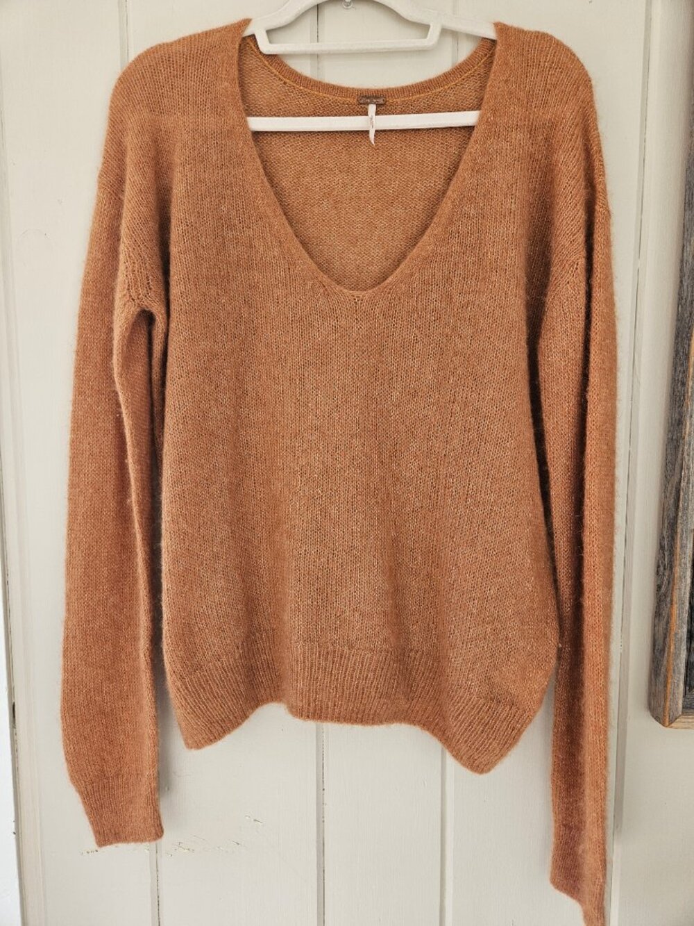 Free People Gossamer V-Neck Alpaca Wool Blended Slouchy Sweater Camel Brown S